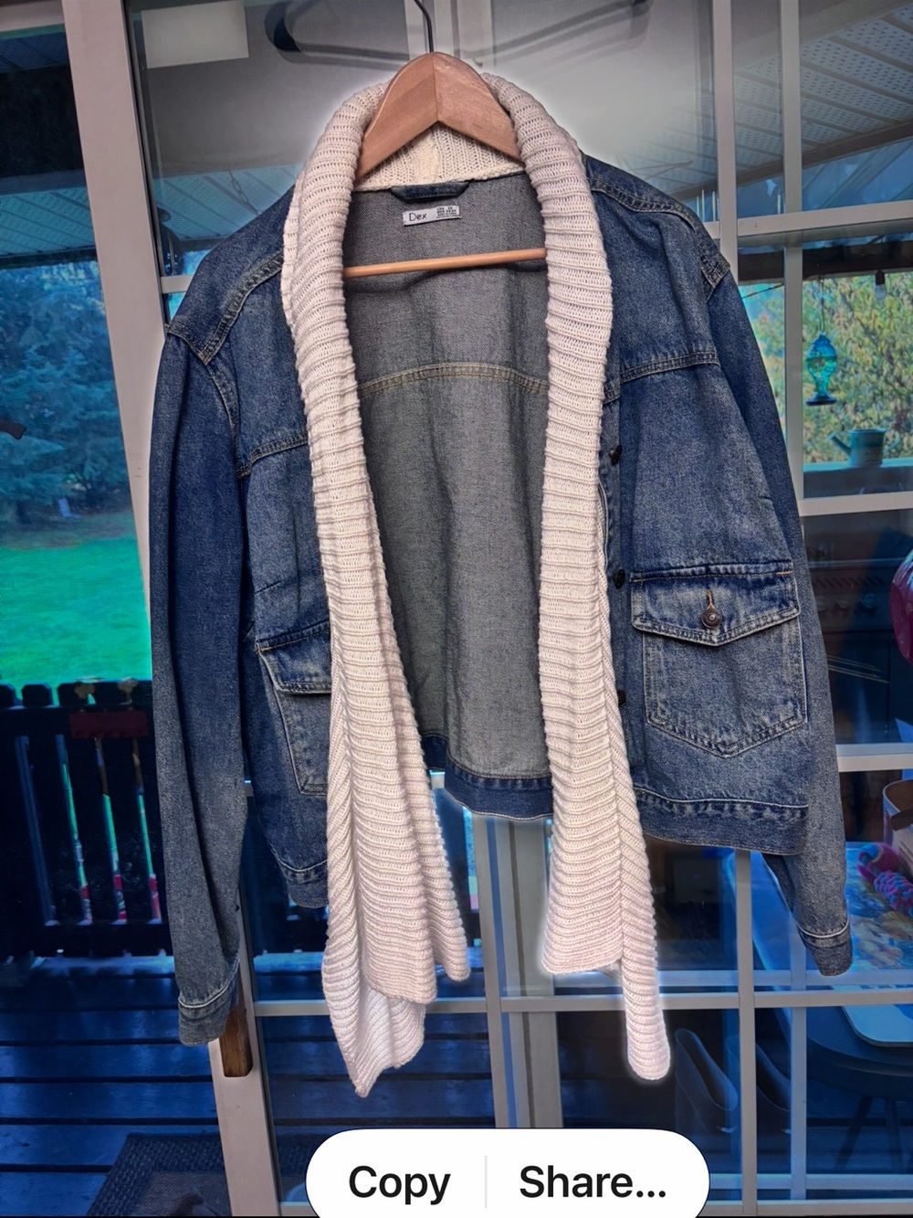 Dex Blue Denim Jacket with Cream Knit Shawl